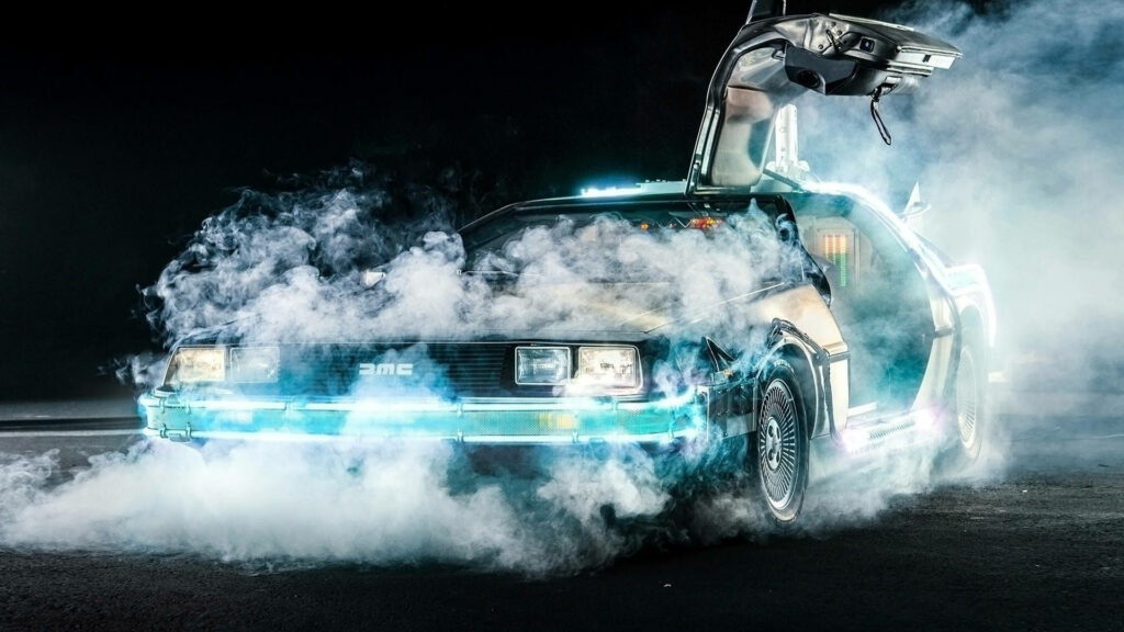 Time-Traveling Delorean Engulfed in Exhilarating Vapor Clouds Wallpaper