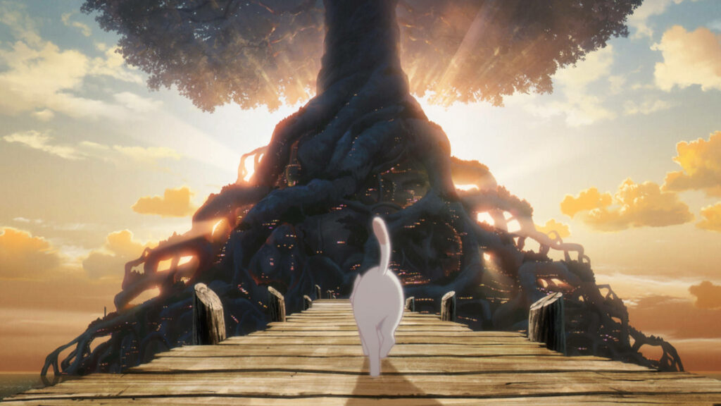 Whisker Away anime wallpaper glowing tree cat walking wooden pier warm sunlight roots