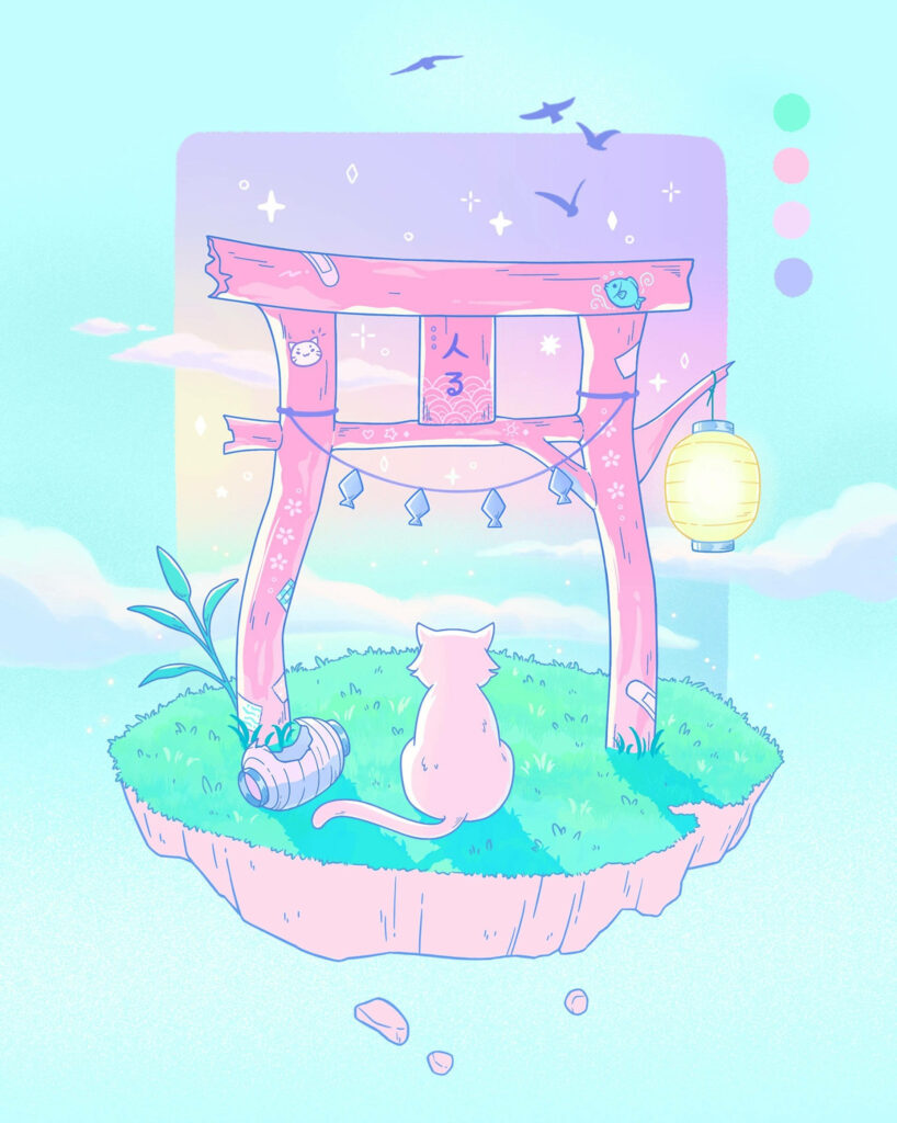 Whisker Away pastel art wallpaper cat on floating island gazing at lantern-lit torii gate sky