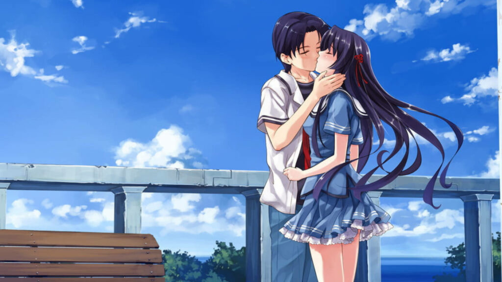 Eternal Serenity: Anime Love in Majestic Skies Wallpaper