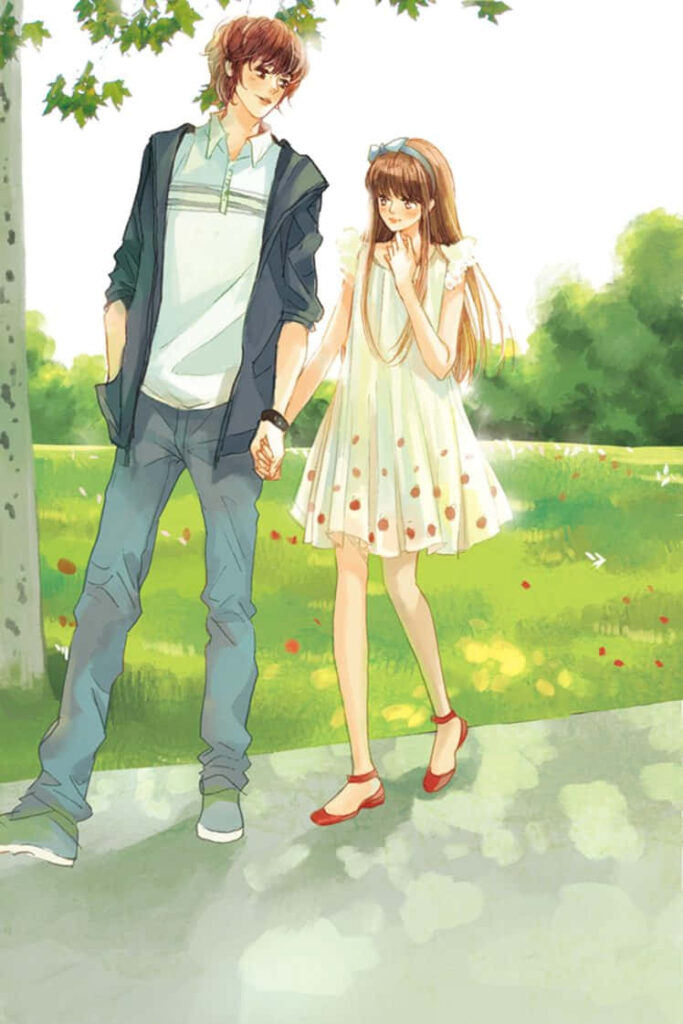 Ethereal Love: Embracing Blossoms in Anime's Embrace Wallpaper