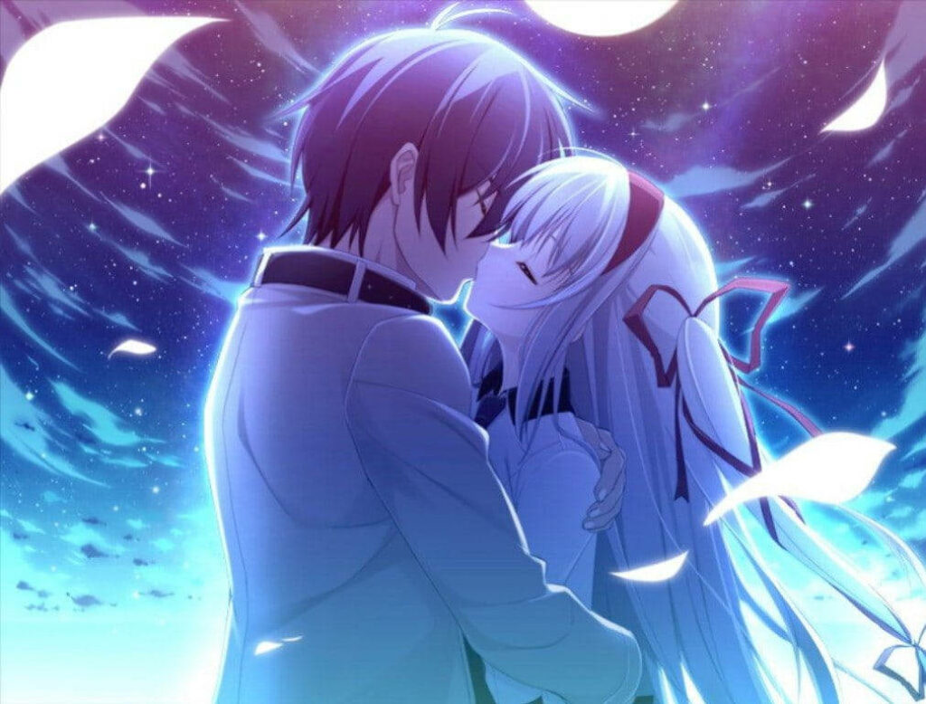 Enchanting Love: A Tender Kiss of Angelic Anime Couple amidst Ethereal Feathers Wallpaper