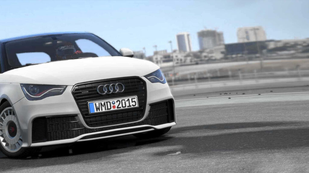 White Audi A3 racing on track with blurred city skyline showcasing sporty design and speed Wallpaper