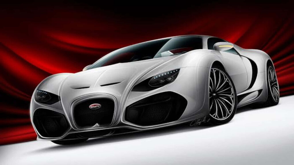 White Bugatti Chiron luxury sports car with sleek design on dramatic red draped background Wallpaper