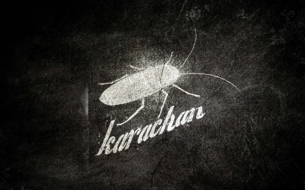 Textured wallpaper with white cockroach silhouette and handwritten Kornchan on dark background