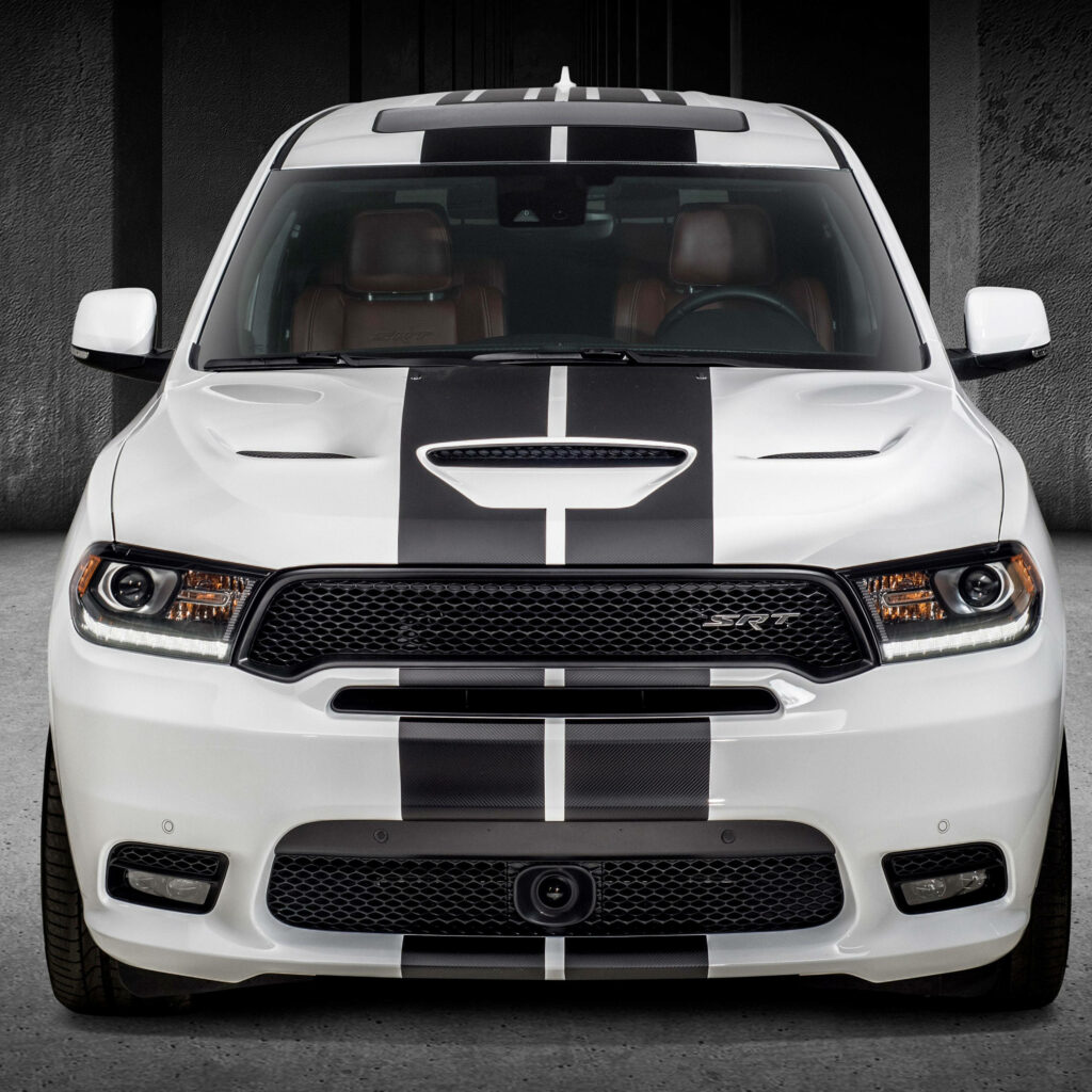 White Dodge Durango RT front view with black racing stripes muscular aggressive design wallpaper