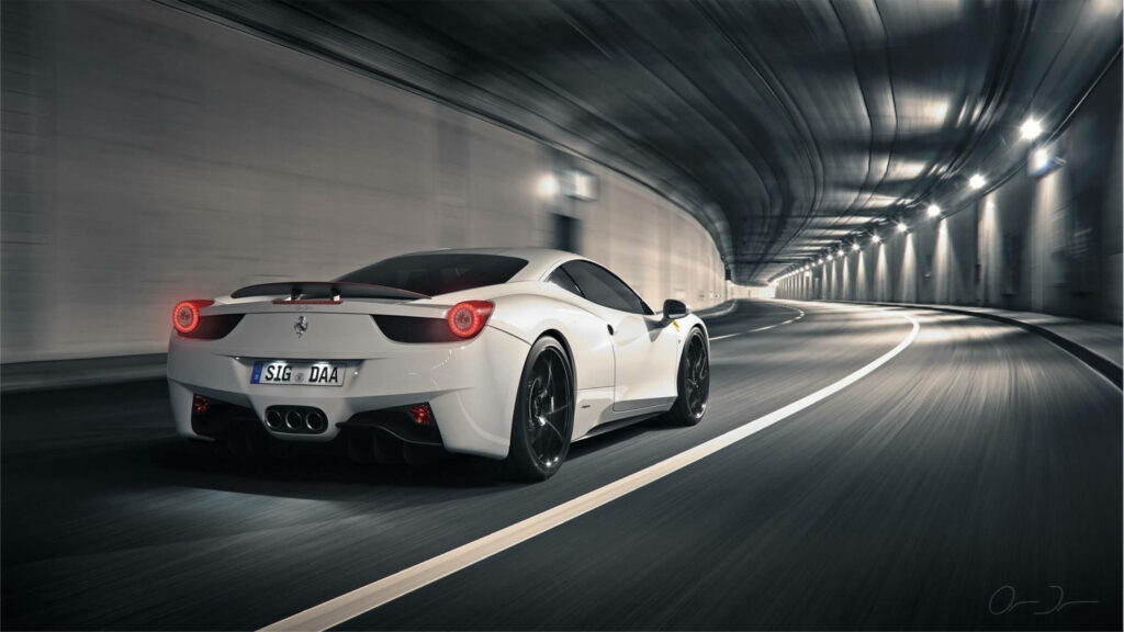 White Ferrari racing car speeding through futuristic urban tunnel high performance motion wallpaper