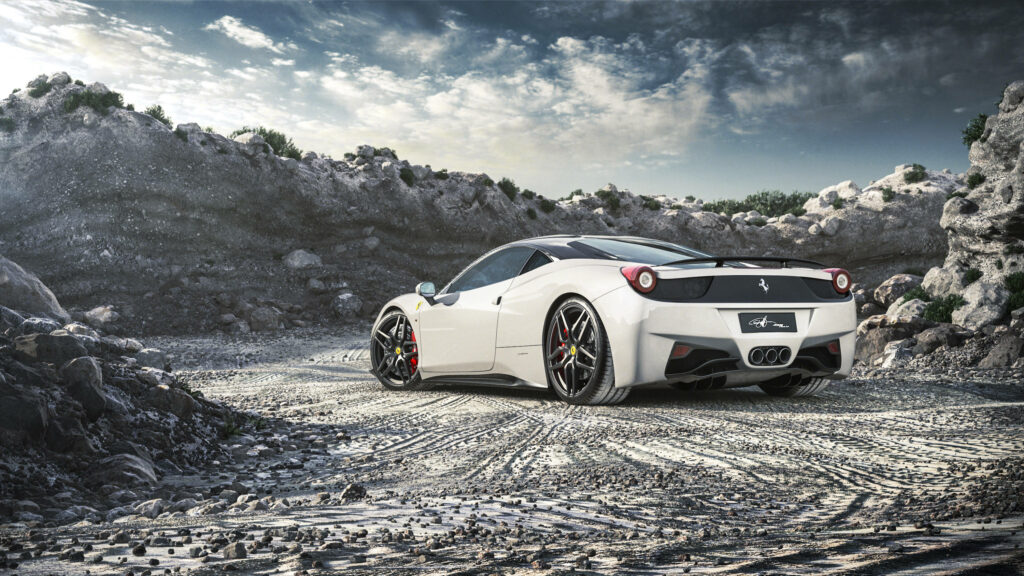 Roaring Elegance: Capturing the White Ferrari's Spirit on an Unforgiving Rock Trail+ Wallpaper