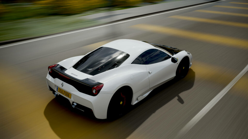 White Ferrari speeding on sunlit road Forza 4 dynamic motion racing game wallpaper background