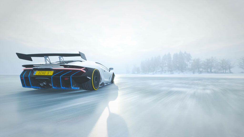 White Lamborghini racing on icy frozen landscape in Forza 4 winter sky wallpaper background