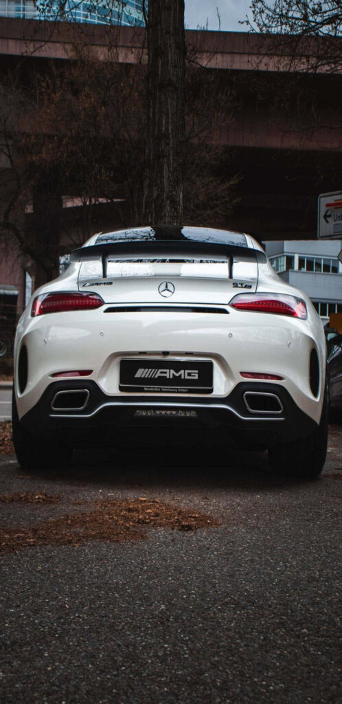 White Mercedes AMG GT-R with large rear wing showcasing sleek powerful rear design outdoors Wallpaper
