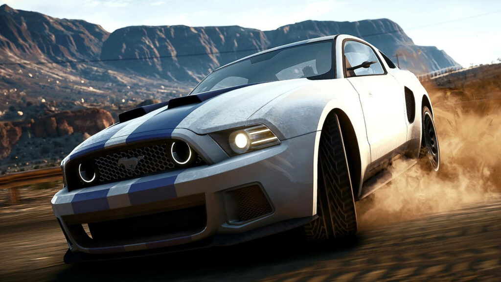 White Mustang speeding through dusty rugged mountain landscape 4K Ultra HD wallpaper background