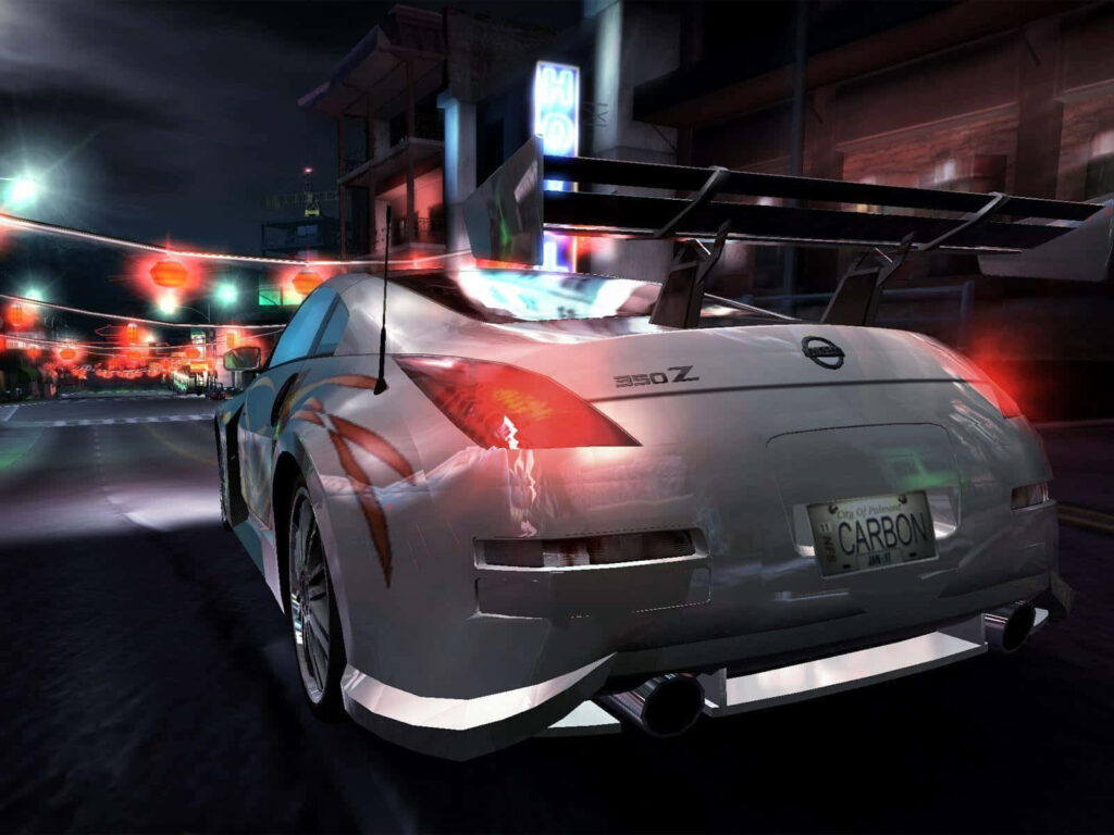 Sleek white Nissan 350Z with racing wing in neon-lit street scene from Need for Speed wallpaper background