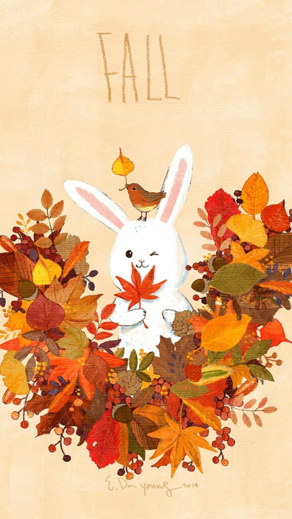 Maple Magic: A Whimsical White Rabbit Falls for Autumn Aesthetics in iPhone Wallpaper