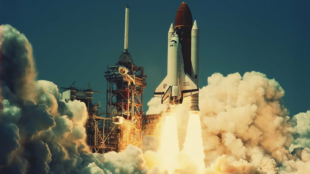 Constructing the Cosmos: A White Rocket Takes Flight With NASA's Space Shuttle in HD Wallpaper Background Photo Featuring Architectural Wonders