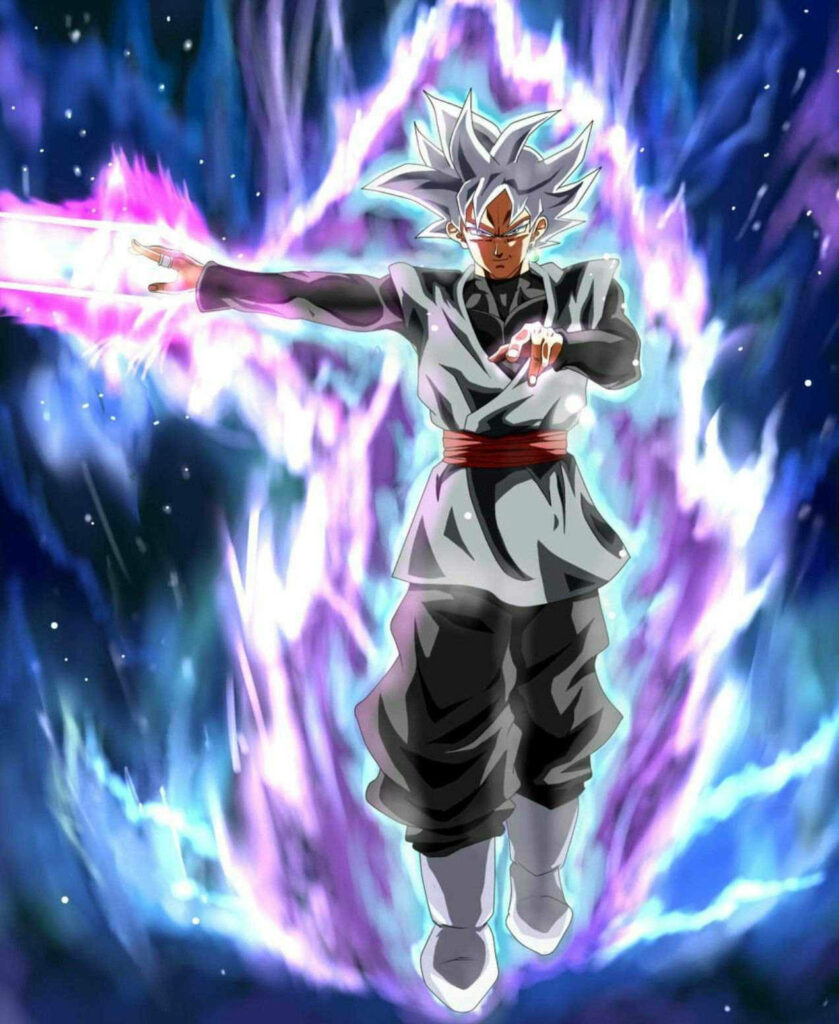 White-Haired Black Goku glowing with purple blue aura on starry background dynamic anime wallpaper