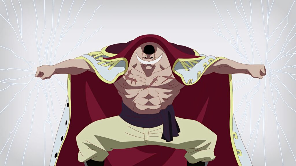 Edward Newgate Whitebeard powerful pose muscular form crimson cape lightning effects wallpaper