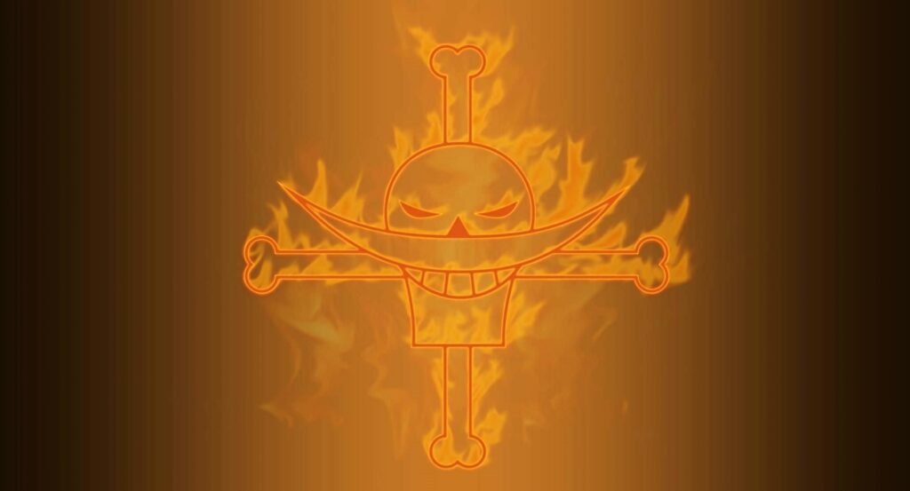 Fiery Whitebeard Jolly Roger wallpaper with glowing orange flames from One Piece anime background