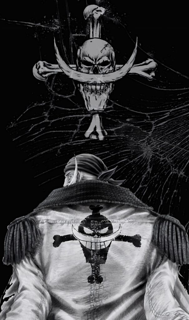 Black and white wallpaper of Whitebeard from One Piece with pirate skull emblem and cracked background