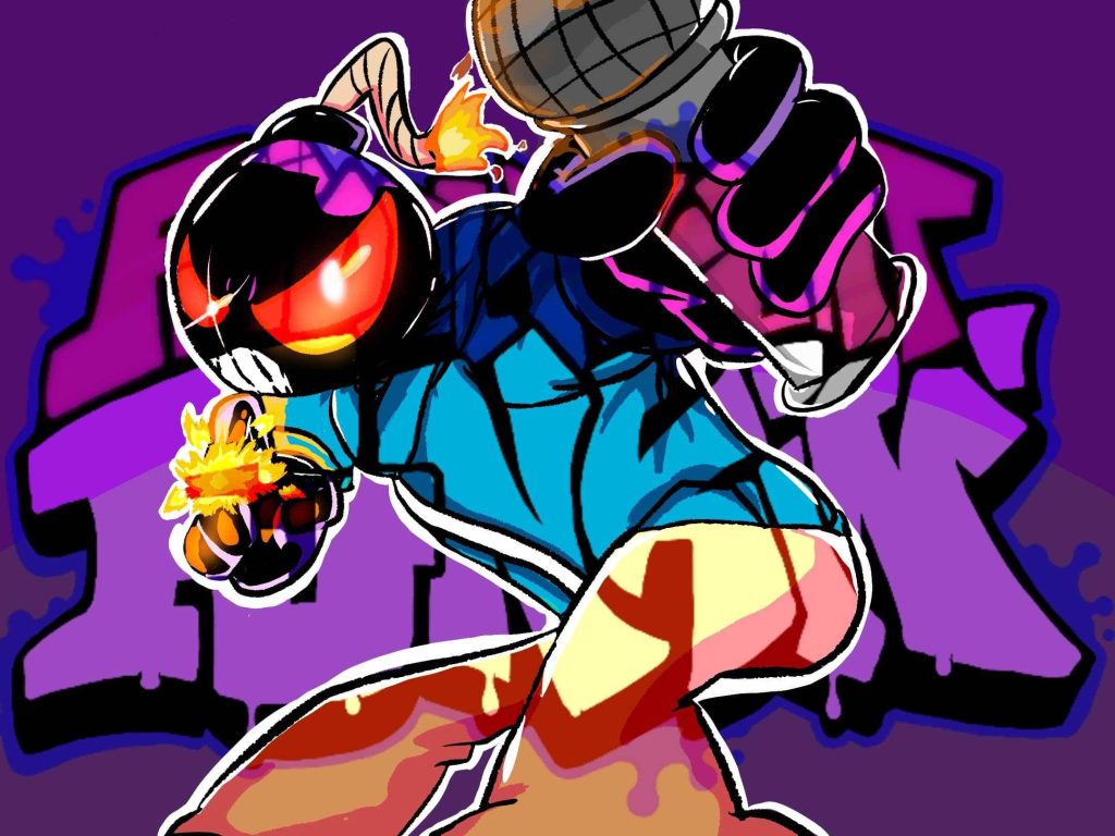 Whitty from Friday Night Funkin with glowing eyes and bomb head in vibrant purple graffiti background Wallpaper