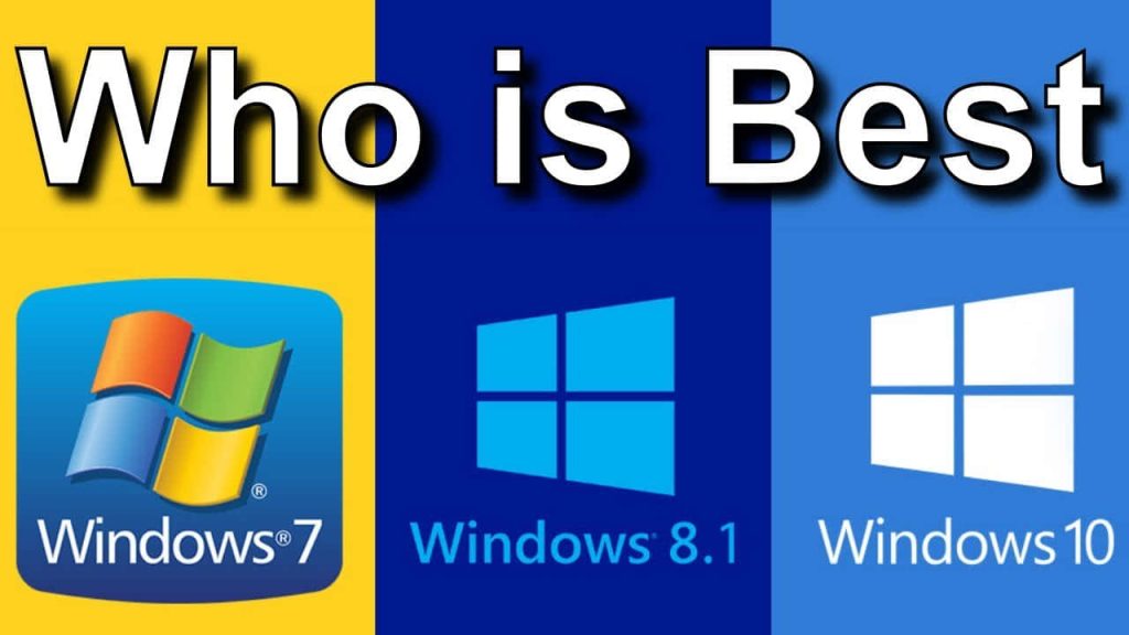 Comparison of Windows 7 Windows 8.1 and Windows 10 logos on tri color digital wallpaper background
