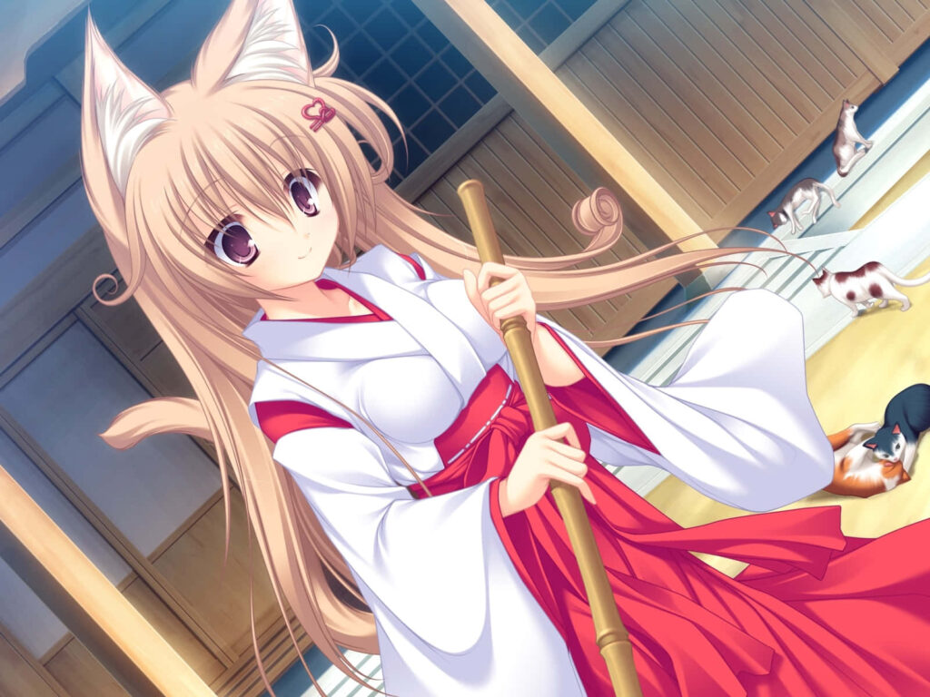 Anime Shrine Maiden Wallpaper with Kittens and Serene Setting