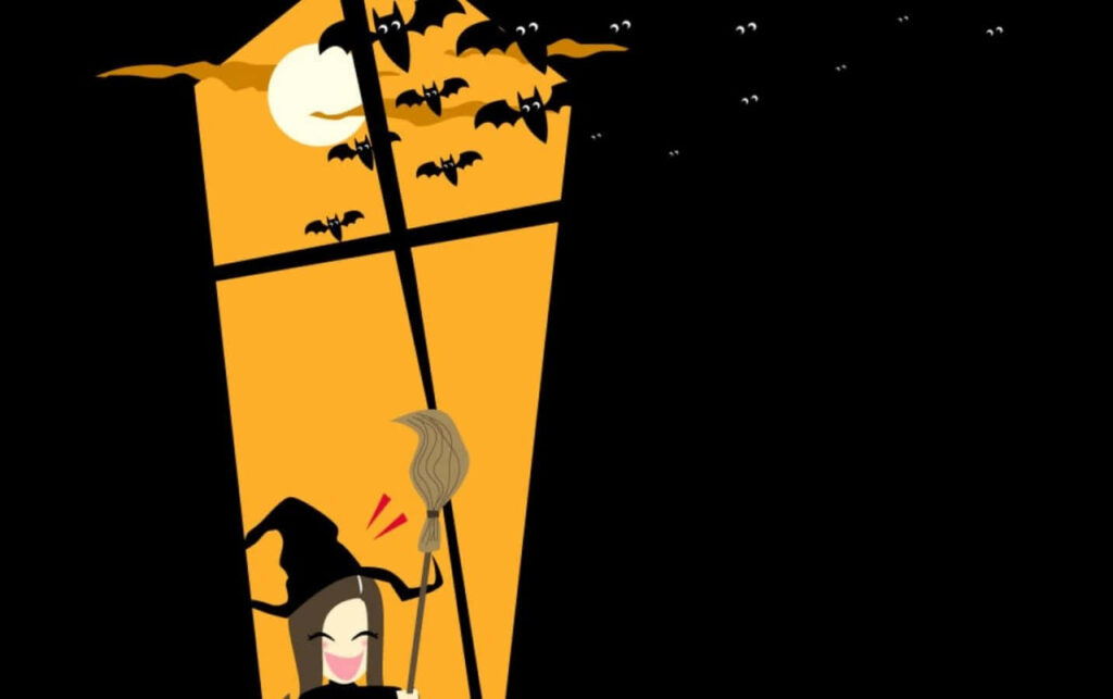 Witchy Delights: Enchantingly Adorable Halloween Vector Wallpaper Featuring a Broom-wielding Sorceress Amidst Bats, Set Against a Grand Window Backdrop
