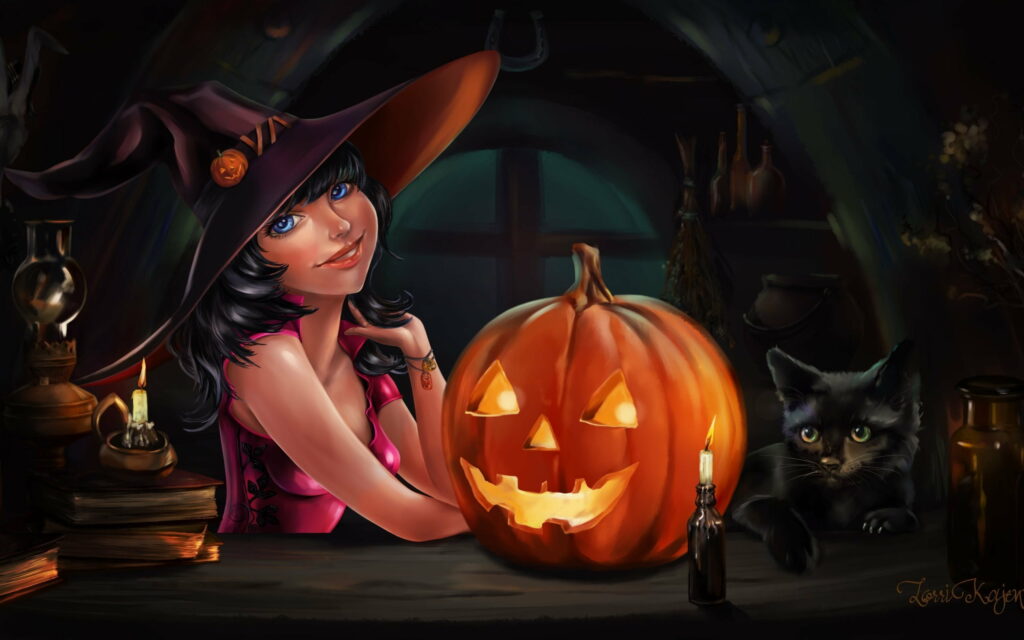 Enchanting Halloween Magic: Pumpkin Witch in the Dark - QHD Wallpaper Background Photo