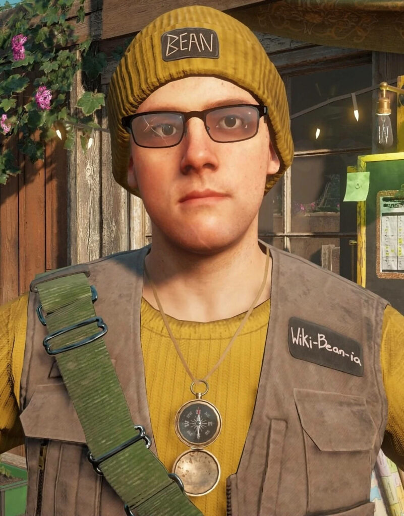 Scavenging Superstar: Captivating Portrait of Far Cry New Dawn's Bean, the Wiki-Bean-ia, Rocking a Yellow Beanie and Brown Vest Wallpaper
