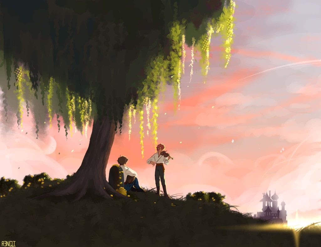 Wilbur Soot playing violin under yellow-flowered willow tree sunset castle silhouette fanart wallpaper
