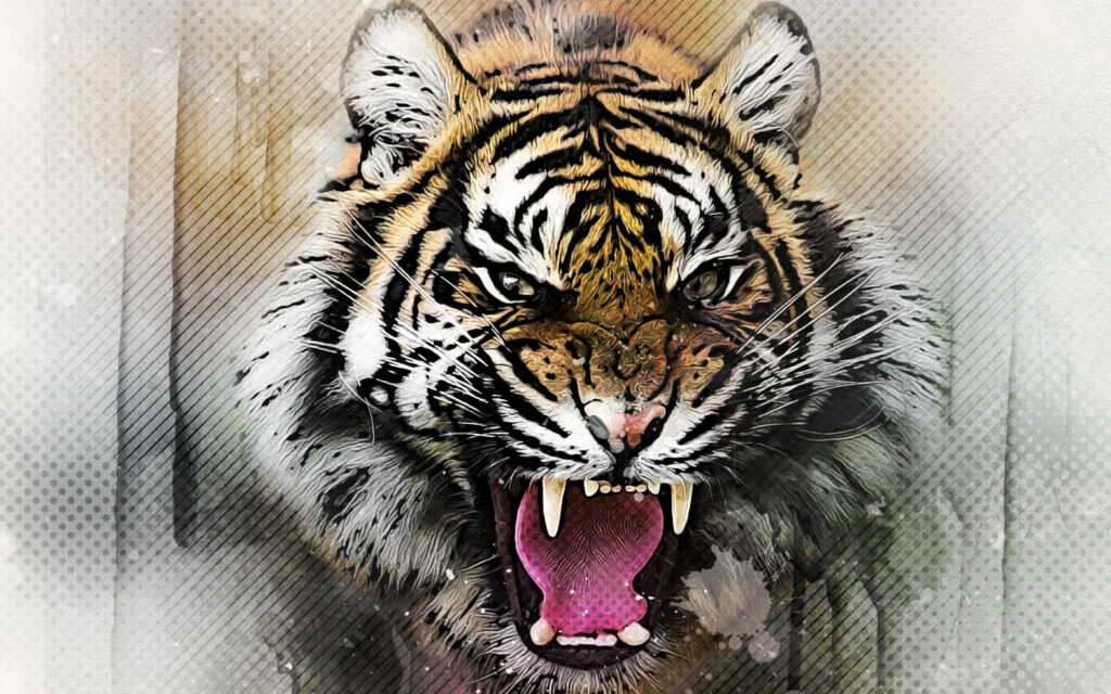 Watercolor wallpaper of a snarling tiger with dynamic paint splatters and textured background