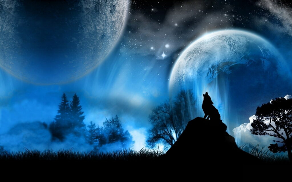 Silhouetted Wolf in a Cosmic Nature Scene: An HD Wallpaper
