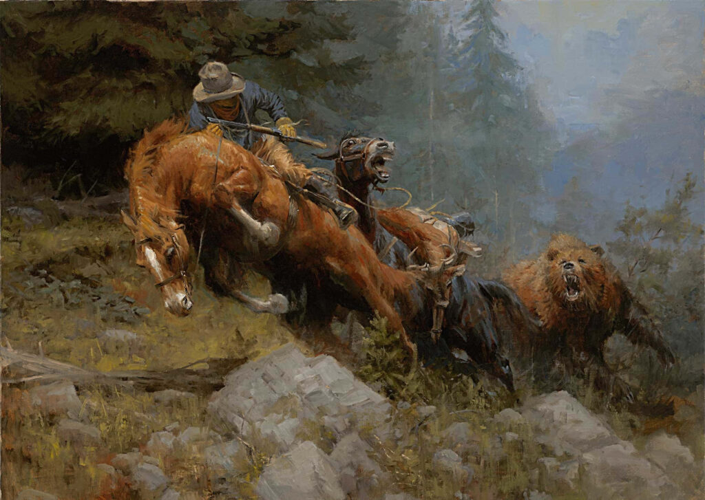 Cowboy riding rearing horse chased by charging bear in rugged Wild West pine forest landscape Wallpaper