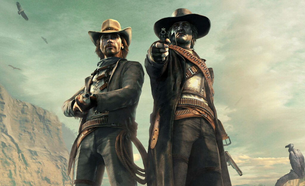 Two cowboys in classic Western attire stand in rugged Texas countryside with cliffs and open sky Wallpaper