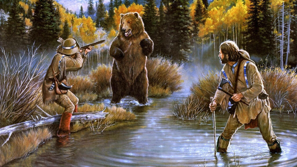 Bow-Wielding Huntress Embarks on Thrilling Bear Expedition in Untamed Wilderness Wallpaper