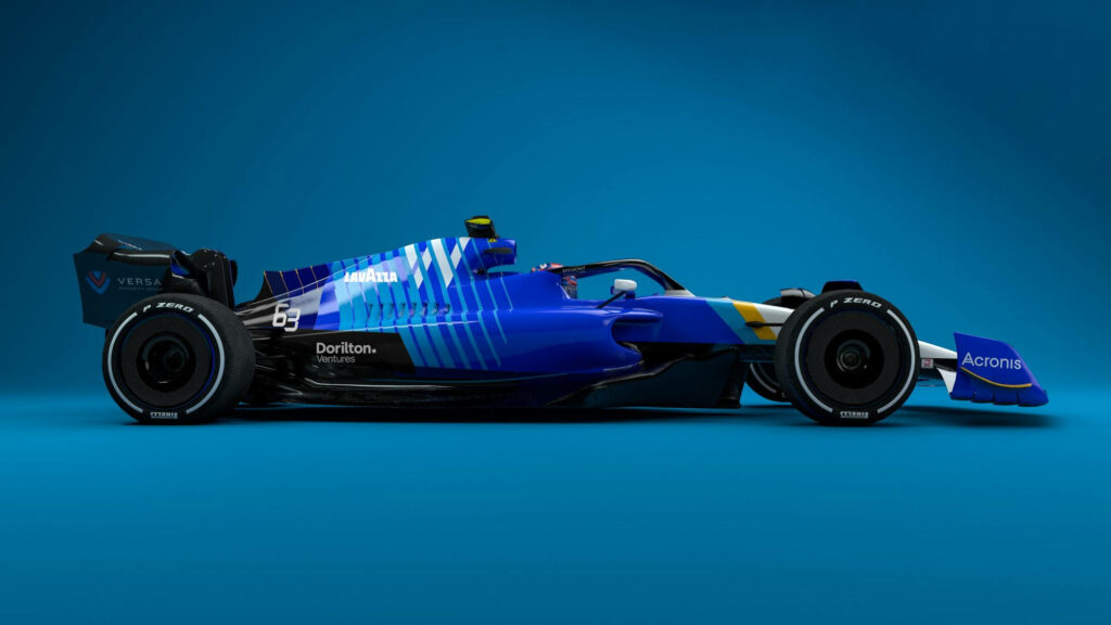 Williams blue Formula 1 car with sleek design and vibrant livery on blue wallpaper background