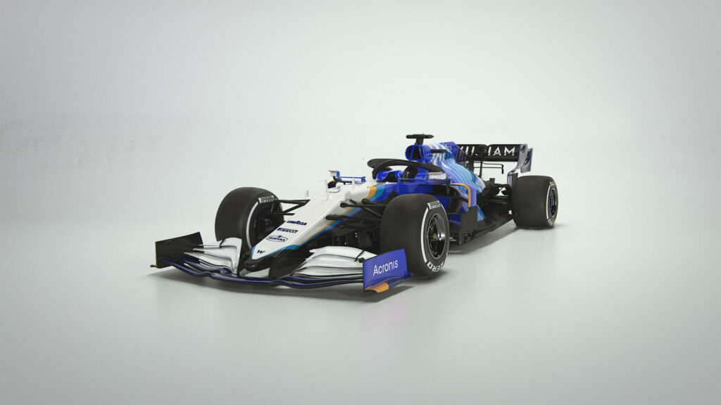 Williams blue sports car with aerodynamic design on minimalist background wallpaper