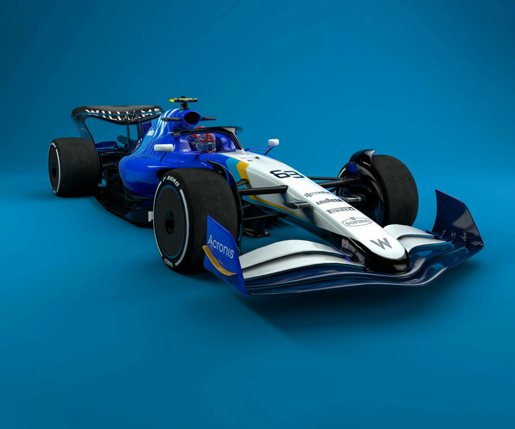 Sleek blue and white Williams Formula 1 car on blue background showcasing aerodynamic design Wallpaper