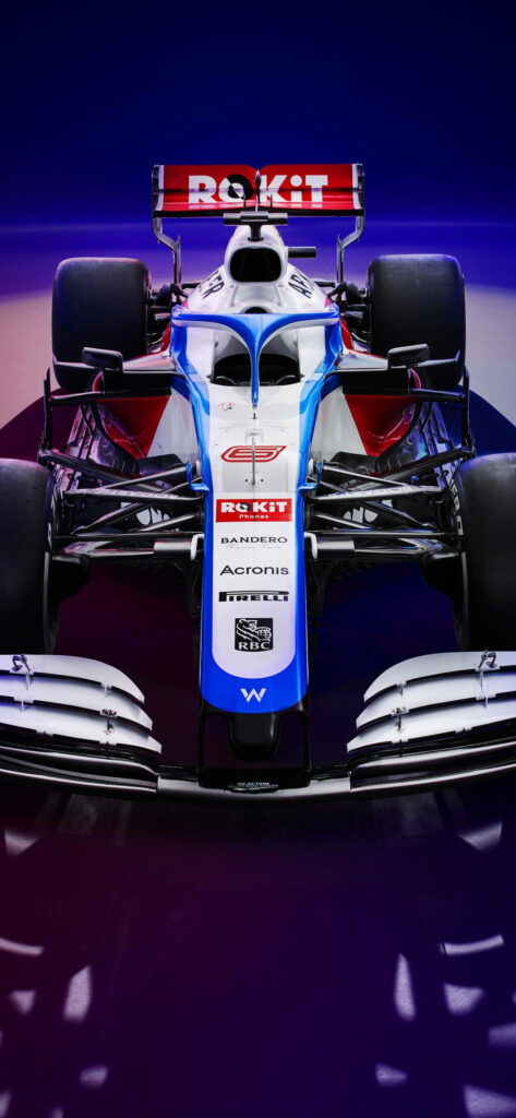 Williams Formula 1 car wallpaper with blue white livery and vivid red rear wing front view