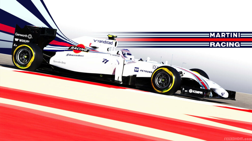 Williams Formula 1 car in bold Martini Racing livery speeds past red blue white striped background Wallpaper
