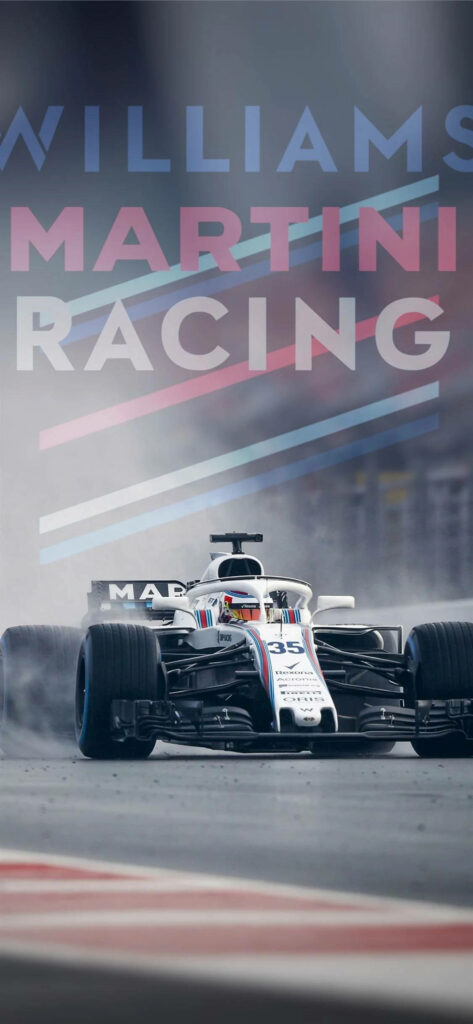 Williams Martini Racing Formula 1 car speeding on track with iconic Martini Racing stripes background Wallpaper