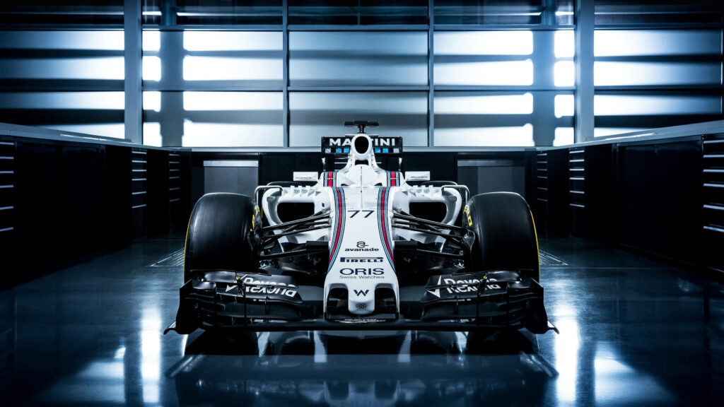 Williams Sports Car 77 sleek aerodynamic design in high tech garage motorsport wallpaper background