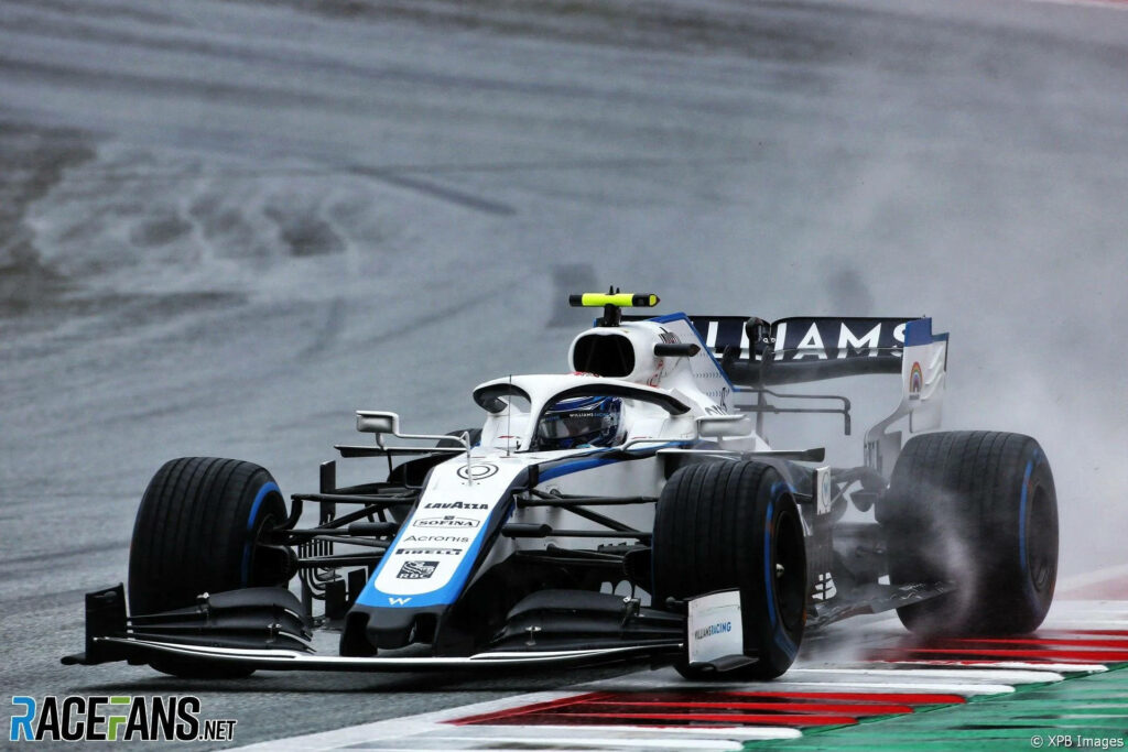 Williams white sports car speeding on wet racetrack kicking up water in challenging weather Wallpaper