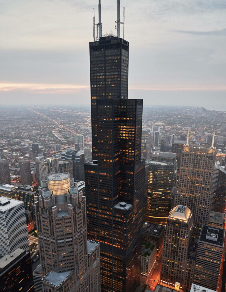Willis Tower Chicago skyline at dusk illuminated skyscrapers urban architecture wallpaper background