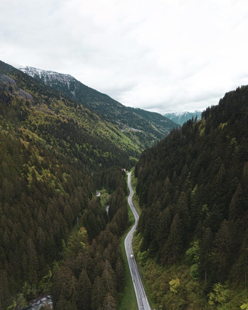 Aerial view of winding road through dense forest and mountain ranges under cloudy sky wallpaper