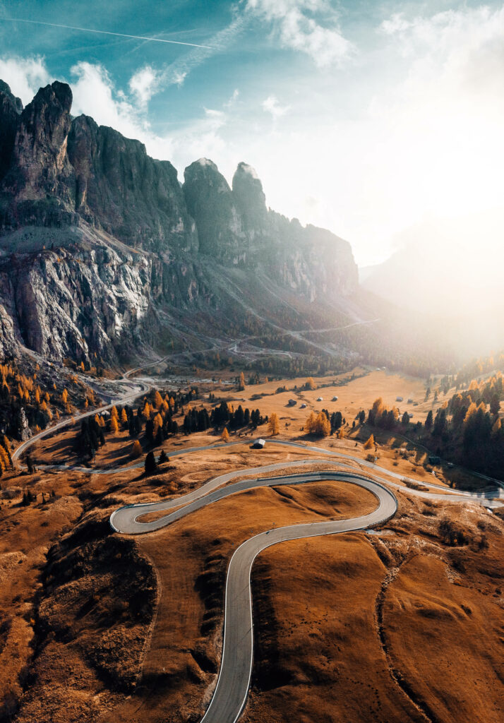 The Majestic Serpentine Path: A Breathtaking HD Landscape Capturing the Splendor of Dolomite Mountains Wallpaper