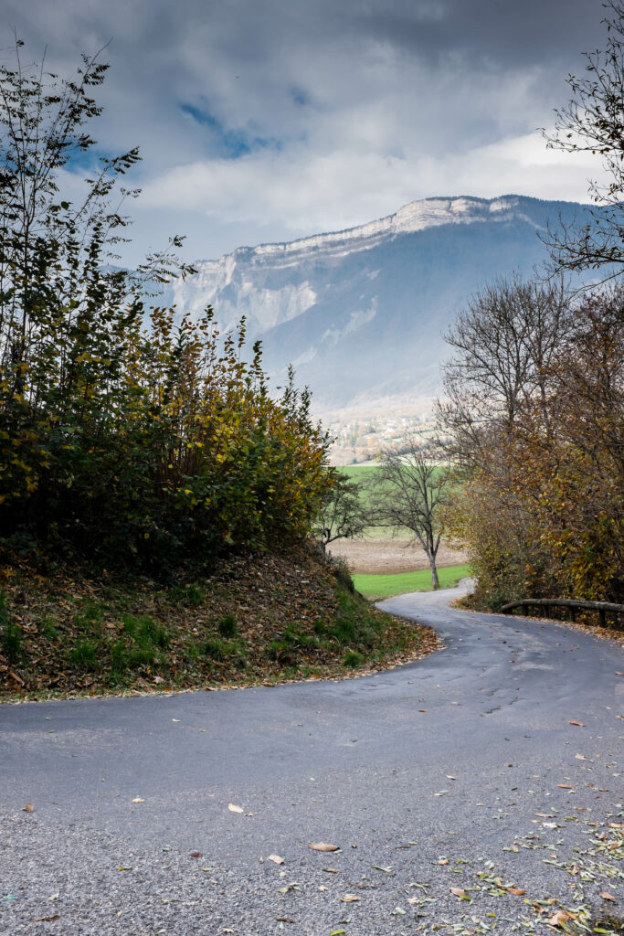 Winding road through autumn forest and green hills leading to mountains under cloudy sky wallpaper