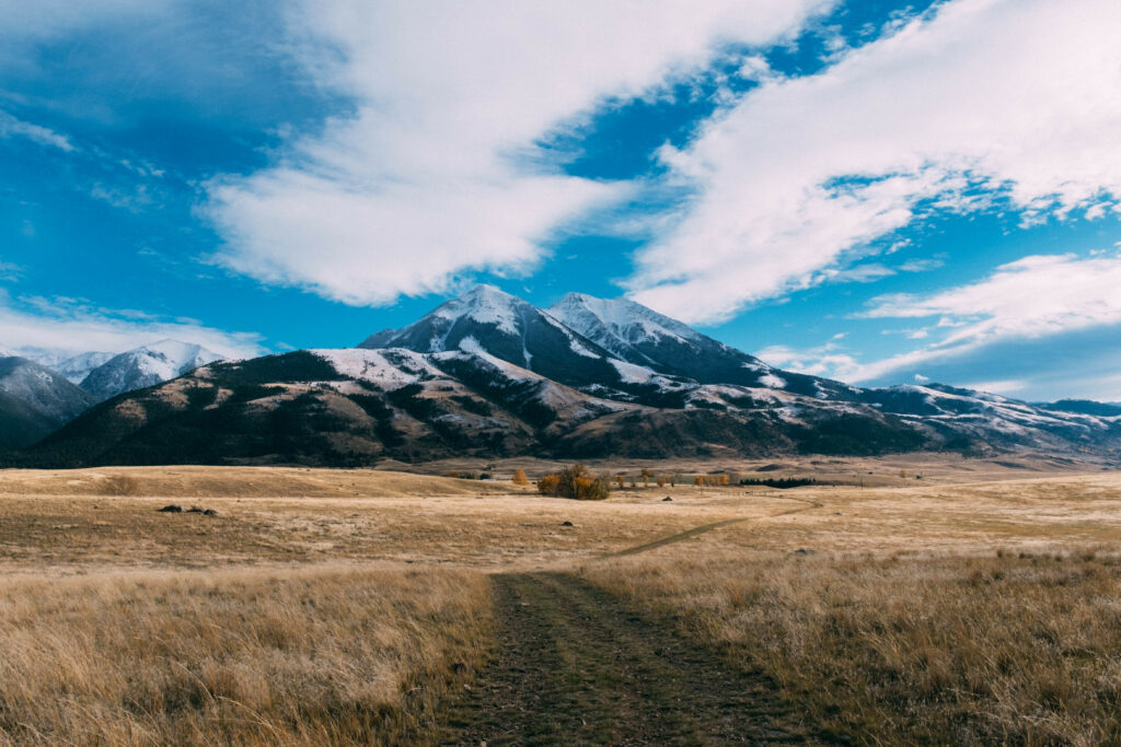 Winding road through golden field towards snow-capped mountains under vibrant blue sky wallpaper