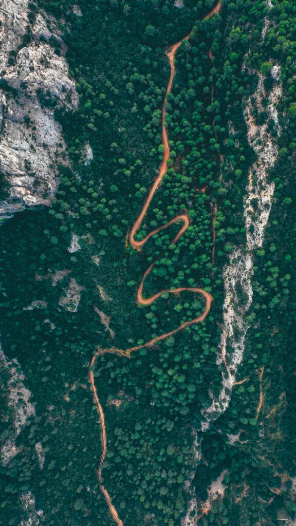 Aerial view of winding road through lush green forest and rugged mountain terrain wallpaper background