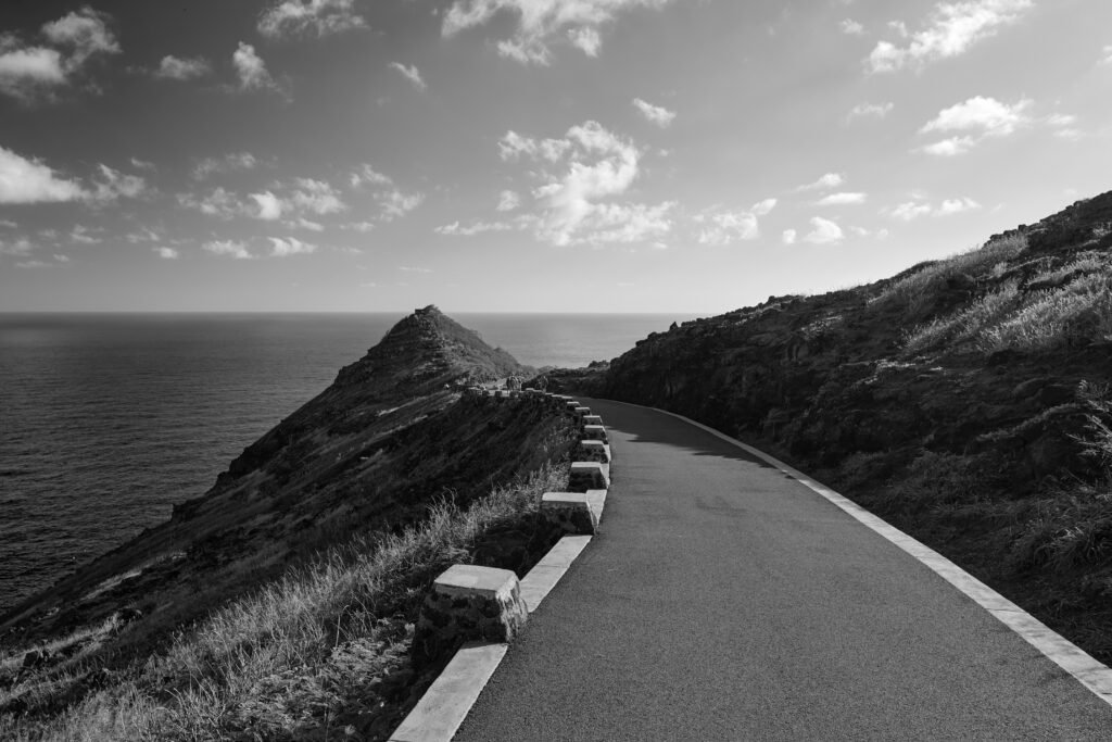 Curving Road through Rugged Terrain: Black and White Landscape Wallpaper